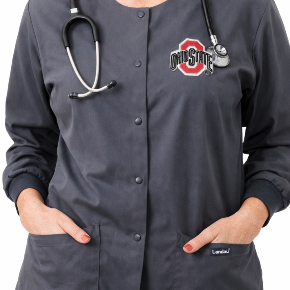 Landau‎ Ohio State Embroidered Logo Gray Scrub Jacket Top  ?Medium/Large